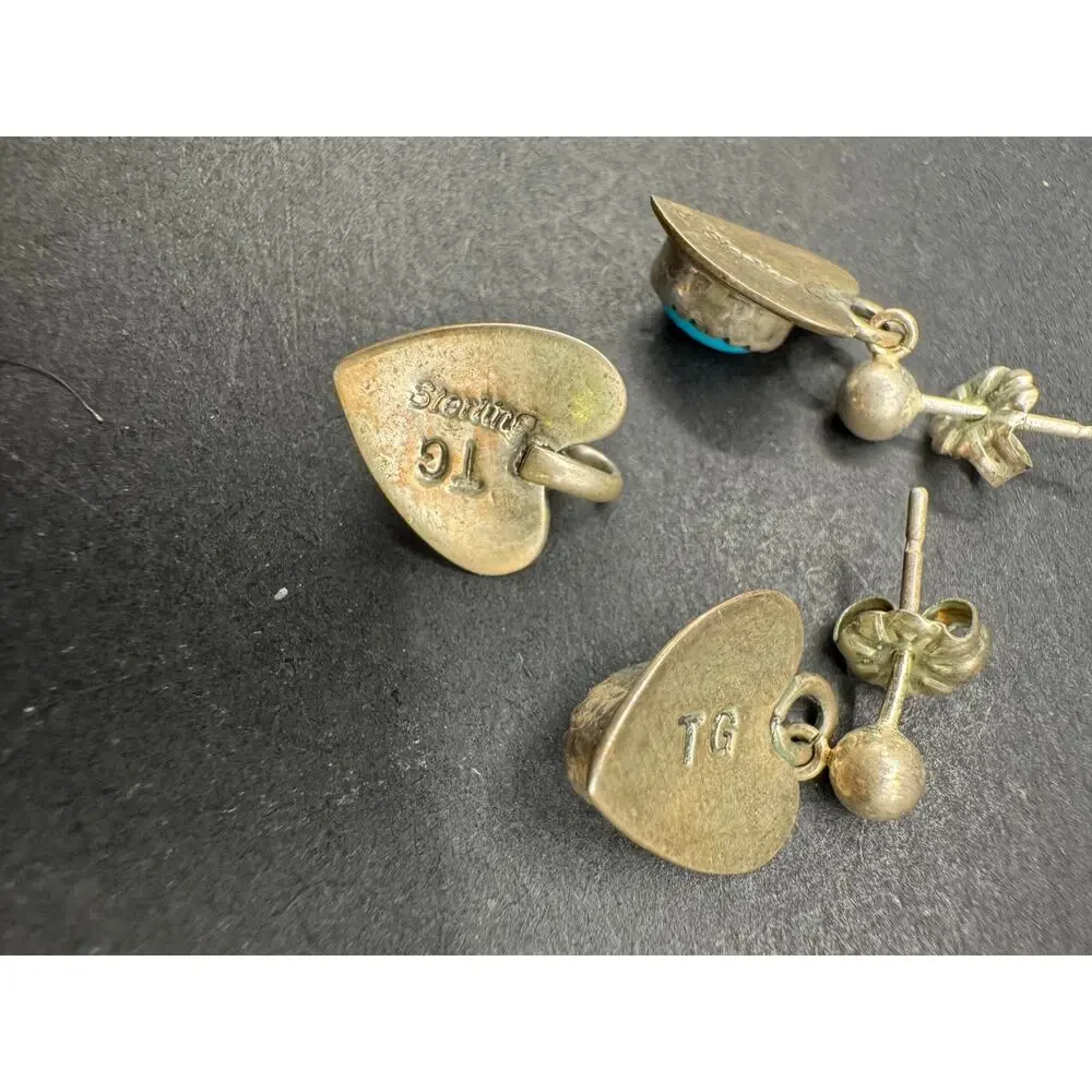 Vtg Sterling Silver 925 Heart Shaped Turquoise Dangle Earrings & Pendant Set